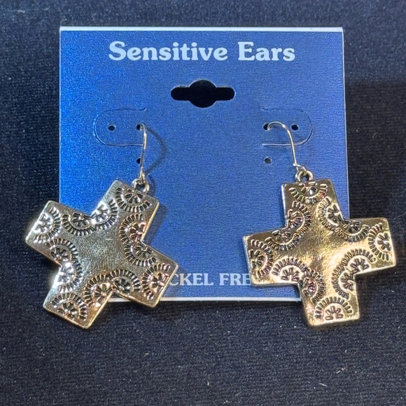 Gold Tone Filigree Cross Dangle Earrings 2 inch - Picture 3 of 8